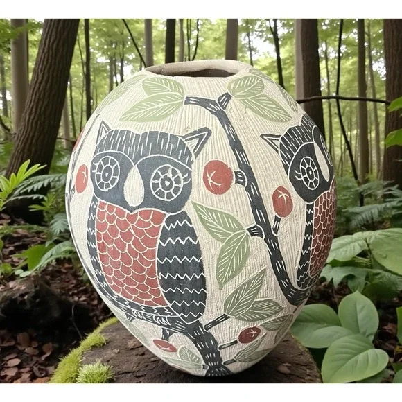 Mata Ortiz Pottery Olla Vase Jonathan Villa‎ Owl Owls Folk Art Mexican Ceramic